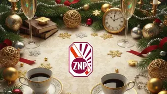 Grafika zaproszeniowa na spotkanie noworoczne z emerytami AGH – elementy świąteczne, akademickie i towarzyskie w ciepłej, uroczystej atmosferze.