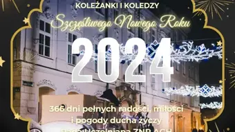Kartka z życzeniami noworocznymi od Rady Uczelnianej ZNP AGH z napisem: ‘Szczęśliwego Nowego Roku 2024. 366 dni pełnych radości, miłości i pogody ducha