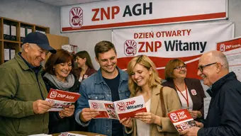 Grupa zadowolonych zwiazkowców ogląda ulotki z logotypem ZNP i usmiechajasię jak idioci