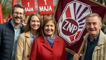 Grupa czterech osób ze sztandarem ZNP.