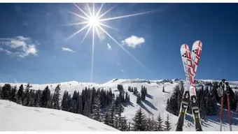 Słoneczny dzień w górach; w śniegu stoją wbite narty i kijki, w tle ośnieżone stoki, drzewa i błękitne niebo z lekkimi chmurami.